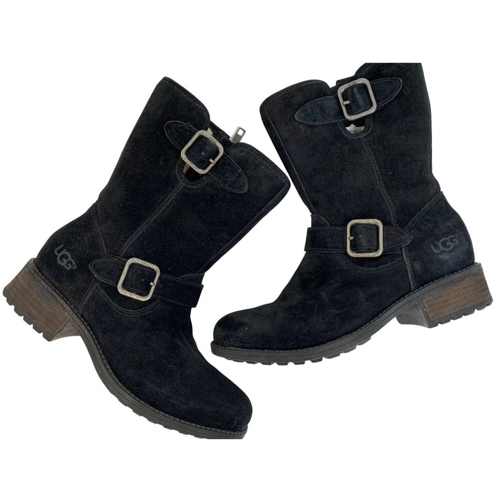 Womens 6 UGG Black Suede Chaney Mid-Calf Boots Sherpa Zip 1006042 GUC